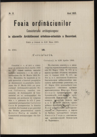 Verordnungsblatt des erzbischöfl. Konsistoriums die Angelegenheiten der orthod. -oriental. Erzdiözese der Bukowina betreffend 19050508 Seite: 1