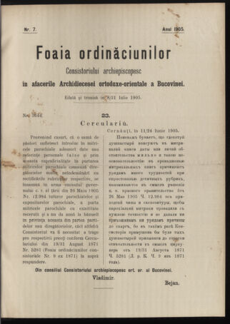 Verordnungsblatt des erzbischöfl. Konsistoriums die Angelegenheiten der orthod. -oriental. Erzdiözese der Bukowina betreffend 19050708 Seite: 1