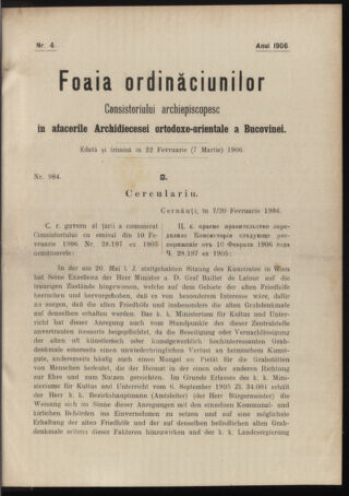 Verordnungsblatt des erzbischöfl. Konsistoriums die Angelegenheiten der orthod. -oriental. Erzdiözese der Bukowina betreffend 19060222 Seite: 1