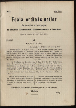 Verordnungsblatt des erzbischöfl. Konsistoriums die Angelegenheiten der orthod. -oriental. Erzdiözese der Bukowina betreffend 19060501 Seite: 1