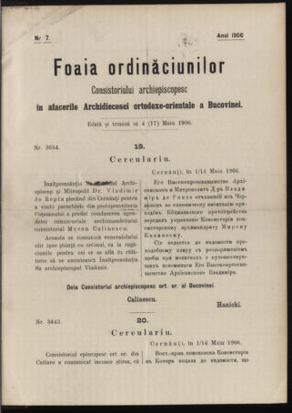 Verordnungsblatt des erzbischöfl. Konsistoriums die Angelegenheiten der orthod. -oriental. Erzdiözese der Bukowina betreffend 19060504 Seite: 1