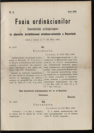 Verordnungsblatt des erzbischöfl. Konsistoriums die Angelegenheiten der orthod. -oriental. Erzdiözese der Bukowina betreffend 19060517 Seite: 1