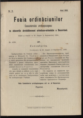 Verordnungsblatt des erzbischöfl. Konsistoriums die Angelegenheiten der orthod. -oriental. Erzdiözese der Bukowina betreffend 19060822 Seite: 1