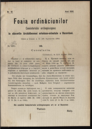 Verordnungsblatt des erzbischöfl. Konsistoriums die Angelegenheiten der orthod. -oriental. Erzdiözese der Bukowina betreffend 19060915 Seite: 1