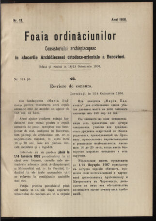 Verordnungsblatt des erzbischöfl. Konsistoriums die Angelegenheiten der orthod. -oriental. Erzdiözese der Bukowina betreffend 19061016 Seite: 1