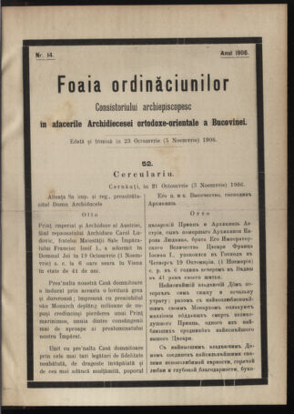 Verordnungsblatt des erzbischöfl. Konsistoriums die Angelegenheiten der orthod. -oriental. Erzdiözese der Bukowina betreffend 19061023 Seite: 1