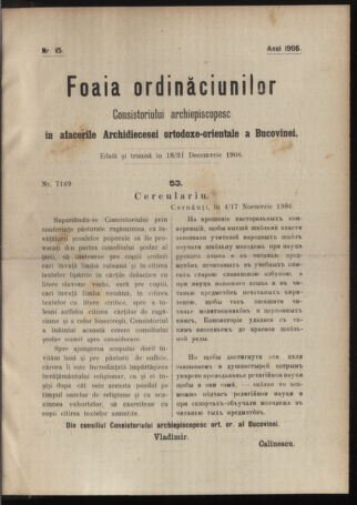 Verordnungsblatt des erzbischöfl. Konsistoriums die Angelegenheiten der orthod. -oriental. Erzdiözese der Bukowina betreffend 19061218 Seite: 1