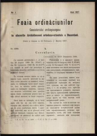 Verordnungsblatt des erzbischöfl. Konsistoriums die Angelegenheiten der orthod. -oriental. Erzdiözese der Bukowina betreffend 19070222 Seite: 1