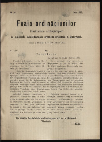 Verordnungsblatt des erzbischöfl. Konsistoriums die Angelegenheiten der orthod. -oriental. Erzdiözese der Bukowina betreffend 19070607 Seite: 1