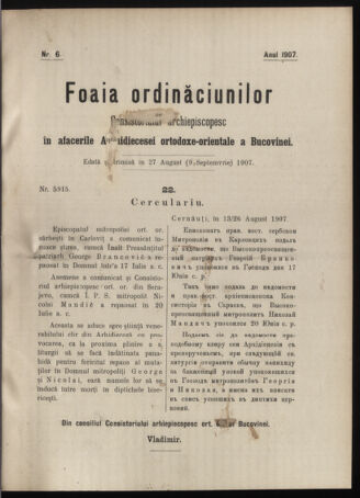 Verordnungsblatt des erzbischöfl. Konsistoriums die Angelegenheiten der orthod. -oriental. Erzdiözese der Bukowina betreffend 19070827 Seite: 1