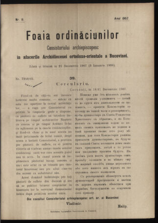 Verordnungsblatt des erzbischöfl. Konsistoriums die Angelegenheiten der orthod. -oriental. Erzdiözese der Bukowina betreffend 19071221 Seite: 1