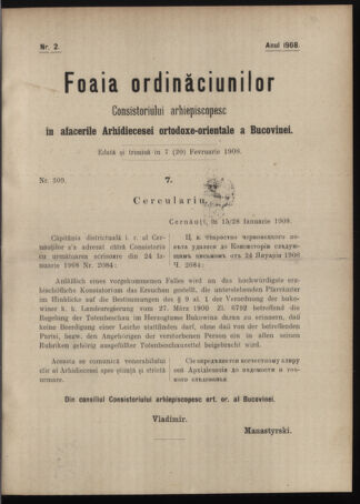 Verordnungsblatt des erzbischöfl. Konsistoriums die Angelegenheiten der orthod. -oriental. Erzdiözese der Bukowina betreffend 19080207 Seite: 1