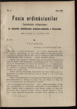 Verordnungsblatt des erzbischöfl. Konsistoriums die Angelegenheiten der orthod. -oriental. Erzdiözese der Bukowina betreffend 19080301 Seite: 1