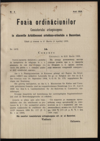 Verordnungsblatt des erzbischöfl. Konsistoriums die Angelegenheiten der orthod. -oriental. Erzdiözese der Bukowina betreffend 19080327 Seite: 1