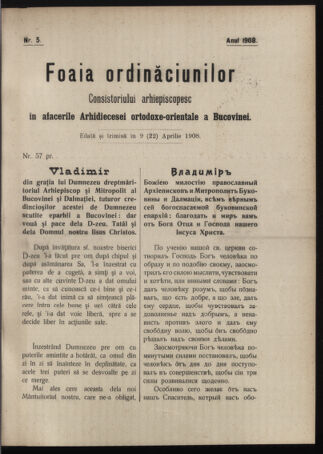 Verordnungsblatt des erzbischöfl. Konsistoriums die Angelegenheiten der orthod. -oriental. Erzdiözese der Bukowina betreffend 19080409 Seite: 1