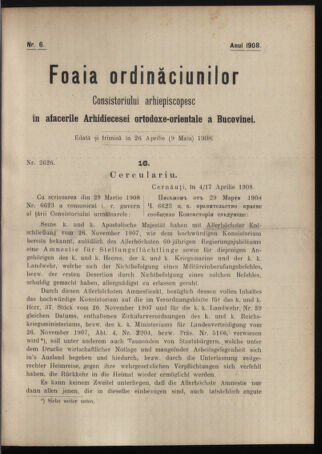 Verordnungsblatt des erzbischöfl. Konsistoriums die Angelegenheiten der orthod. -oriental. Erzdiözese der Bukowina betreffend 19080426 Seite: 1