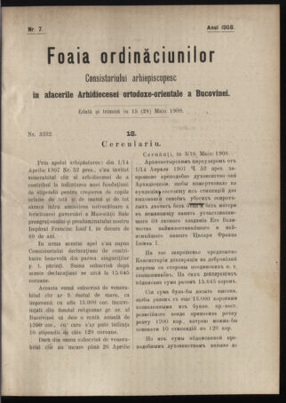 Verordnungsblatt des erzbischöfl. Konsistoriums die Angelegenheiten der orthod. -oriental. Erzdiözese der Bukowina betreffend 19080515 Seite: 1