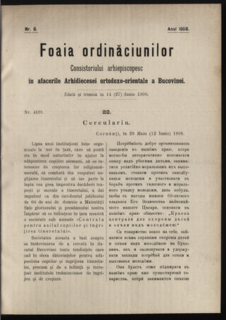 Verordnungsblatt des erzbischöfl. Konsistoriums die Angelegenheiten der orthod. -oriental. Erzdiözese der Bukowina betreffend 19080614 Seite: 1