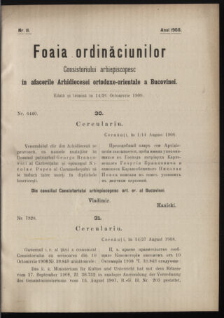 Verordnungsblatt des erzbischöfl. Konsistoriums die Angelegenheiten der orthod. -oriental. Erzdiözese der Bukowina betreffend 19081014 Seite: 1