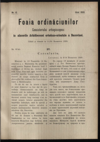 Verordnungsblatt des erzbischöfl. Konsistoriums die Angelegenheiten der orthod. -oriental. Erzdiözese der Bukowina betreffend 19081111 Seite: 1