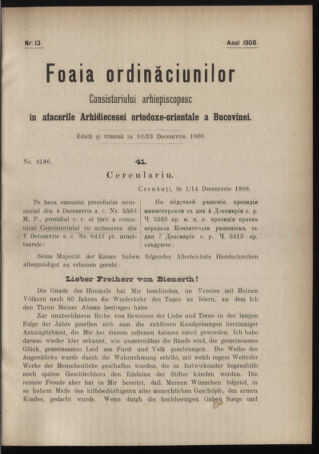 Verordnungsblatt des erzbischöfl. Konsistoriums die Angelegenheiten der orthod. -oriental. Erzdiözese der Bukowina betreffend 19081210 Seite: 1