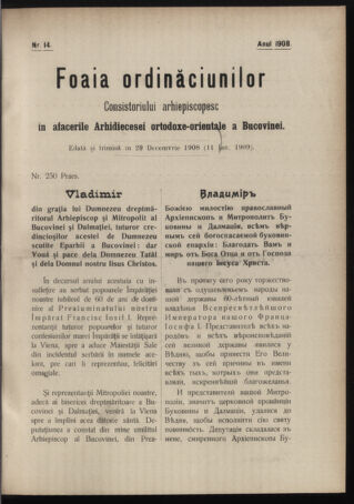 Verordnungsblatt des erzbischöfl. Konsistoriums die Angelegenheiten der orthod. -oriental. Erzdiözese der Bukowina betreffend 19081229 Seite: 1