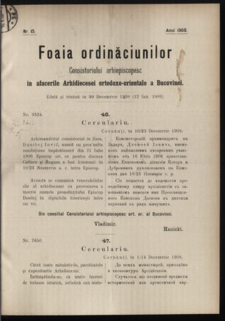 Verordnungsblatt des erzbischöfl. Konsistoriums die Angelegenheiten der orthod. -oriental. Erzdiözese der Bukowina betreffend 19081230 Seite: 1