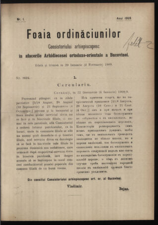 Verordnungsblatt des erzbischöfl. Konsistoriums die Angelegenheiten der orthod. -oriental. Erzdiözese der Bukowina betreffend 19090120 Seite: 1