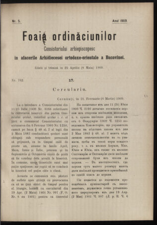 Verordnungsblatt des erzbischöfl. Konsistoriums die Angelegenheiten der orthod. -oriental. Erzdiözese der Bukowina betreffend 19090425 Seite: 1