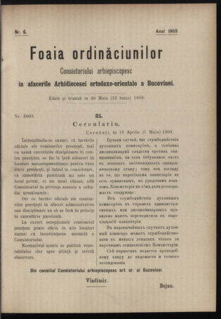 Verordnungsblatt des erzbischöfl. Konsistoriums die Angelegenheiten der orthod. -oriental. Erzdiözese der Bukowina betreffend 19090530 Seite: 1