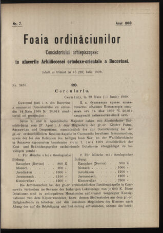 Verordnungsblatt des erzbischöfl. Konsistoriums die Angelegenheiten der orthod. -oriental. Erzdiözese der Bukowina betreffend 19090715 Seite: 1