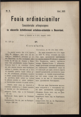 Verordnungsblatt des erzbischöfl. Konsistoriums die Angelegenheiten der orthod. -oriental. Erzdiözese der Bukowina betreffend 19090808 Seite: 1