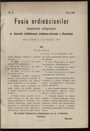 Verordnungsblatt des erzbischöfl. Konsistoriums die Angelegenheiten der orthod. -oriental. Erzdiözese der Bukowina betreffend 19091001 Seite: 1