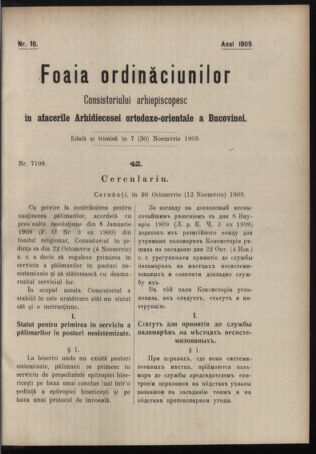 Verordnungsblatt des erzbischöfl. Konsistoriums die Angelegenheiten der orthod. -oriental. Erzdiözese der Bukowina betreffend 19091107 Seite: 1