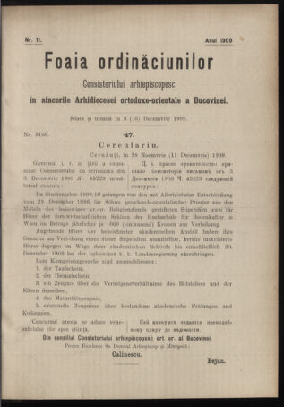 Verordnungsblatt des erzbischöfl. Konsistoriums die Angelegenheiten der orthod. -oriental. Erzdiözese der Bukowina betreffend 19091203 Seite: 1