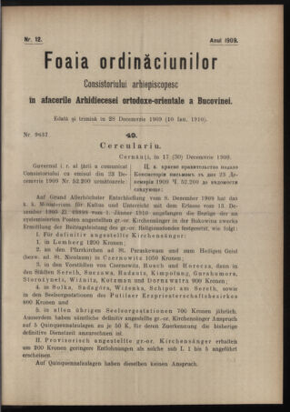 Verordnungsblatt des erzbischöfl. Konsistoriums die Angelegenheiten der orthod. -oriental. Erzdiözese der Bukowina betreffend 19091228 Seite: 1