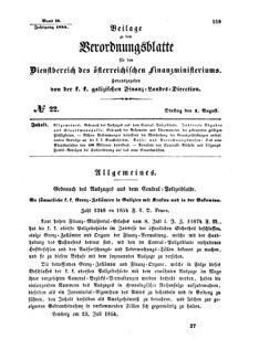 Verordnungsblatt für den Dienstbereich des K.K. Finanzministeriums für die im Reichsrate Vertretenen Königreiche und Länder : [...] : Beilage zu dem Verordnungsblatte für den Dienstbereich des K.K. Österr. Finanz-Ministeriums  18540801 Seite: 1