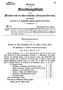 Verordnungsblatt für den Dienstbereich des K.K. Finanzministeriums für die im Reichsrate Vertretenen Königreiche und Länder : [...] : Beilage zu dem Verordnungsblatte für den Dienstbereich des K.K. Österr. Finanz-Ministeriums  18550125 Seite: 1