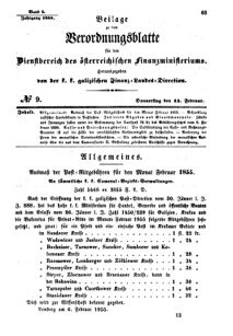 Verordnungsblatt für den Dienstbereich des K.K. Finanzministeriums für die im Reichsrate Vertretenen Königreiche und Länder : [...] : Beilage zu dem Verordnungsblatte für den Dienstbereich des K.K. Österr. Finanz-Ministeriums  18550215 Seite: 1