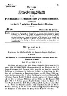 Verordnungsblatt für den Dienstbereich des K.K. Finanzministeriums für die im Reichsrate Vertretenen Königreiche und Länder : [...] : Beilage zu dem Verordnungsblatte für den Dienstbereich des K.K. Österr. Finanz-Ministeriums  18550221 Seite: 1