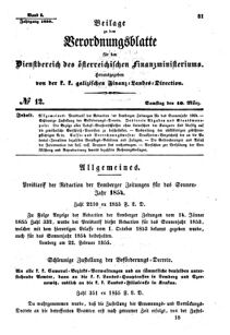 Verordnungsblatt für den Dienstbereich des K.K. Finanzministeriums für die im Reichsrate Vertretenen Königreiche und Länder : [...] : Beilage zu dem Verordnungsblatte für den Dienstbereich des K.K. Österr. Finanz-Ministeriums  18550310 Seite: 1