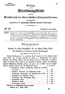 Verordnungsblatt für den Dienstbereich des K.K. Finanzministeriums für die im Reichsrate Vertretenen Königreiche und Länder : [...] : Beilage zu dem Verordnungsblatte für den Dienstbereich des K.K. Österr. Finanz-Ministeriums  18550313 Seite: 1