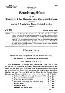 Verordnungsblatt für den Dienstbereich des K.K. Finanzministeriums für die im Reichsrate Vertretenen Königreiche und Länder : [...] : Beilage zu dem Verordnungsblatte für den Dienstbereich des K.K. Österr. Finanz-Ministeriums  18550511 Seite: 1