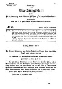 Verordnungsblatt für den Dienstbereich des K.K. Finanzministeriums für die im Reichsrate Vertretenen Königreiche und Länder : [...] : Beilage zu dem Verordnungsblatte für den Dienstbereich des K.K. Österr. Finanz-Ministeriums  18550914 Seite: 1