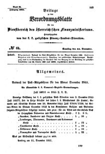 Verordnungsblatt für den Dienstbereich des K.K. Finanzministeriums für die im Reichsrate Vertretenen Königreiche und Länder : [...] : Beilage zu dem Verordnungsblatte für den Dienstbereich des K.K. Österr. Finanz-Ministeriums  18551215 Seite: 1