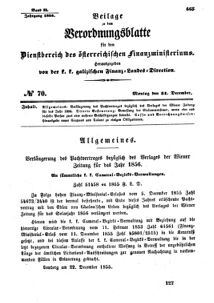 Verordnungsblatt für den Dienstbereich des K.K. Finanzministeriums für die im Reichsrate Vertretenen Königreiche und Länder : [...] : Beilage zu dem Verordnungsblatte für den Dienstbereich des K.K. Österr. Finanz-Ministeriums  18551231 Seite: 1