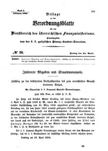 Verordnungsblatt für den Dienstbereich des K.K. Finanzministeriums für die im Reichsrate Vertretenen Königreiche und Länder : [...] : Beilage zu dem Verordnungsblatte für den Dienstbereich des K.K. Österr. Finanz-Ministeriums  18560425 Seite: 1