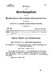 Verordnungsblatt für den Dienstbereich des K.K. Finanzministeriums für die im Reichsrate Vertretenen Königreiche und Länder : [...] : Beilage zu dem Verordnungsblatte für den Dienstbereich des K.K. Österr. Finanz-Ministeriums  18570529 Seite: 1