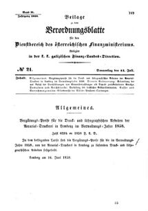 Verordnungsblatt für den Dienstbereich des K.K. Finanzministeriums für die im Reichsrate Vertretenen Königreiche und Länder : [...] : Beilage zu dem Verordnungsblatte für den Dienstbereich des K.K. Österr. Finanz-Ministeriums  18580715 Seite: 1