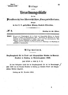 Verordnungsblatt für den Dienstbereich des K.K. Finanzministeriums für die im Reichsrate Vertretenen Königreiche und Länder : [...] : Beilage zu dem Verordnungsblatte für den Dienstbereich des K.K. Österr. Finanz-Ministeriums  18590129 Seite: 1